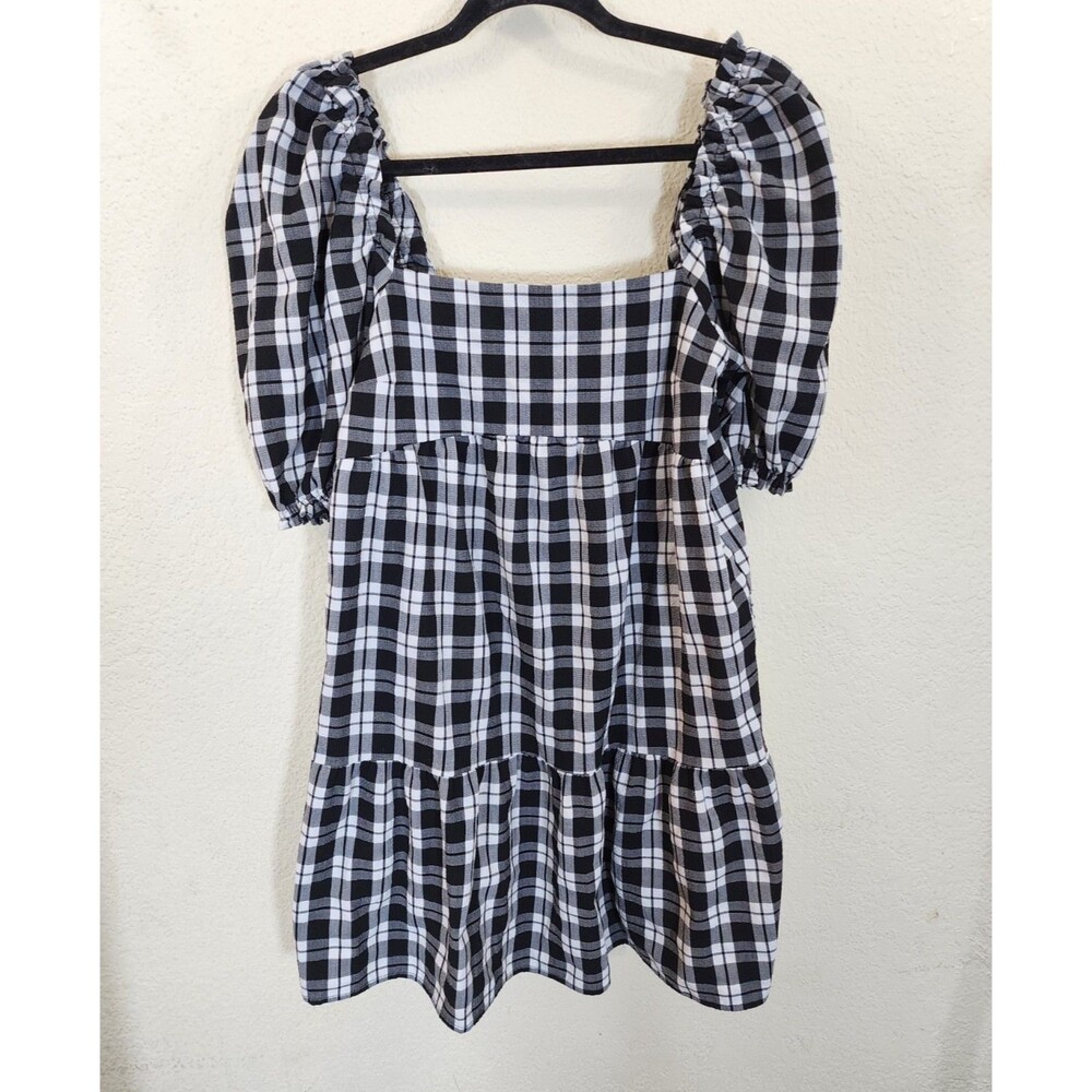H&M Divided Dress S Black White Plaid Gingham Puff Sleeve Tiered Babydoll Mini